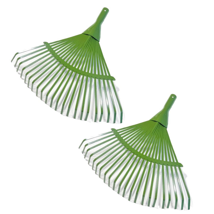 2X Metall Laubbesen mit 22 flachen Zinken, Gartenrechen Laubrechen, Breite: 42cm, grüner Rechen Fäch