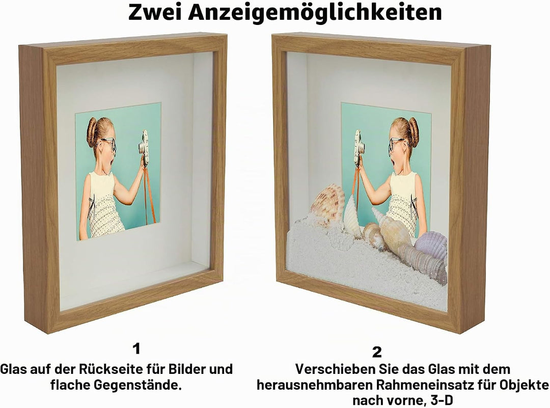BD ART 28x28 Box 3D Objektrahmen Bilderrahmen mit Passepartout 20x20 cm, Quadratische Eiche zum befü