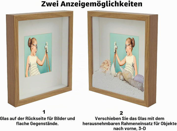 BD ART 28x28 Box 3D Objektrahmen Bilderrahmen mit Passepartout 20x20 cm, Quadratische Eiche zum befü