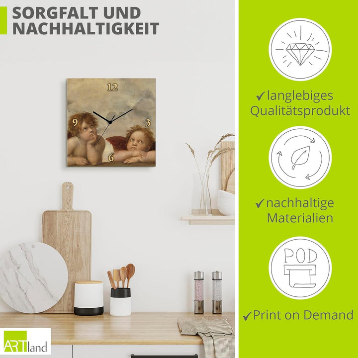 ARTLAND Wanduhr ohne Tickgeräusche Alu Funkuhr 30x30 cm Quadratisch Lautlos Engel Raffael alte Meist