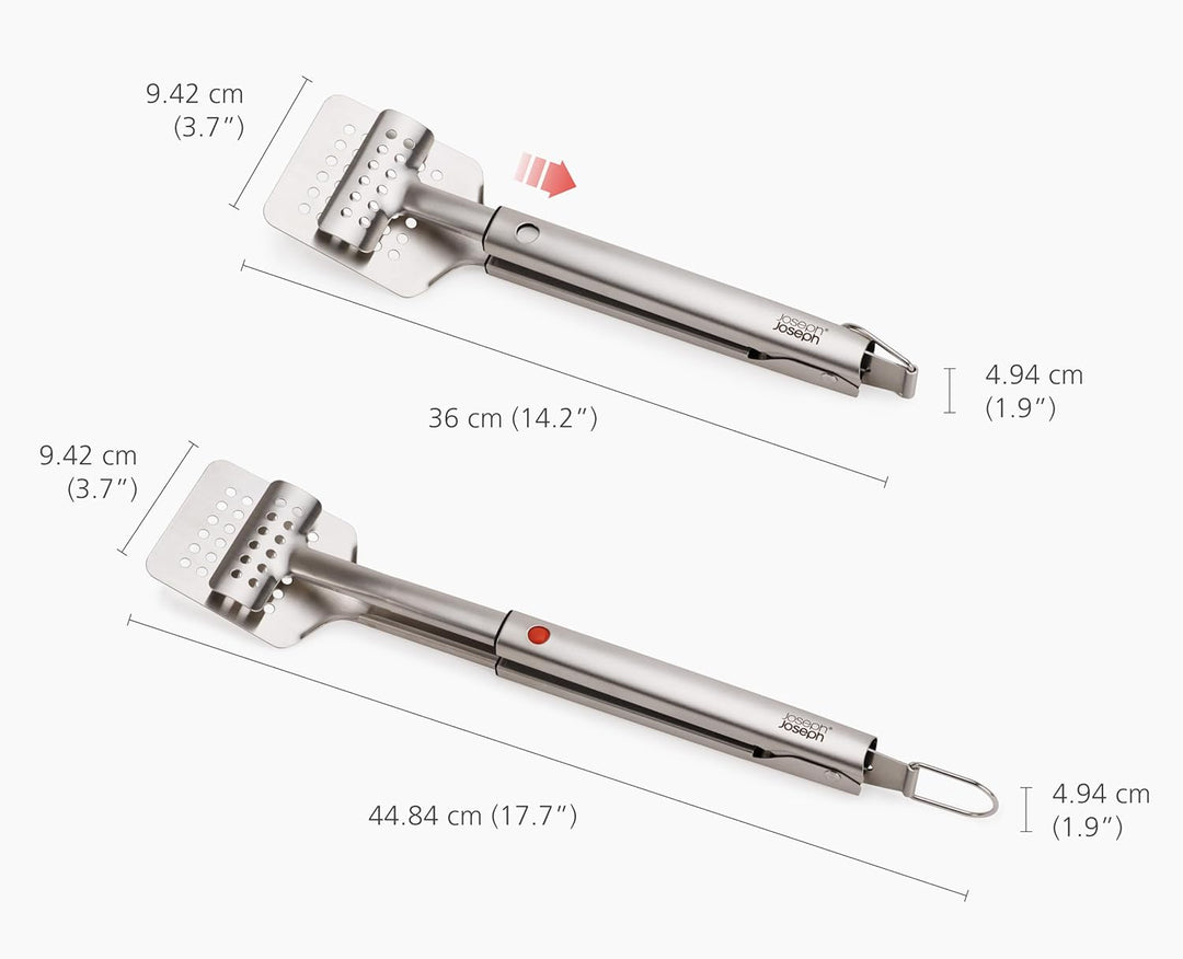 Joseph Joseph GrillOut BBQ-Wender Zange, 2-in-1 mit Teleskopkopf, Robustes Edelstahl, Kompakte Aufbe