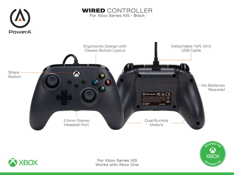 Kabelgebundener PowerA Controller für Xbox Series X|S - Schwarz, Schwarz