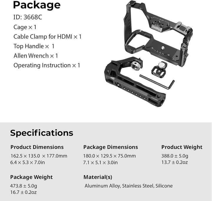 SMALLRIG A7 IV Käfig Cage mit oberem Griff und HDMI-Kabelklemme, Basis Kit für Sony Alpha 7 IV/Alpha