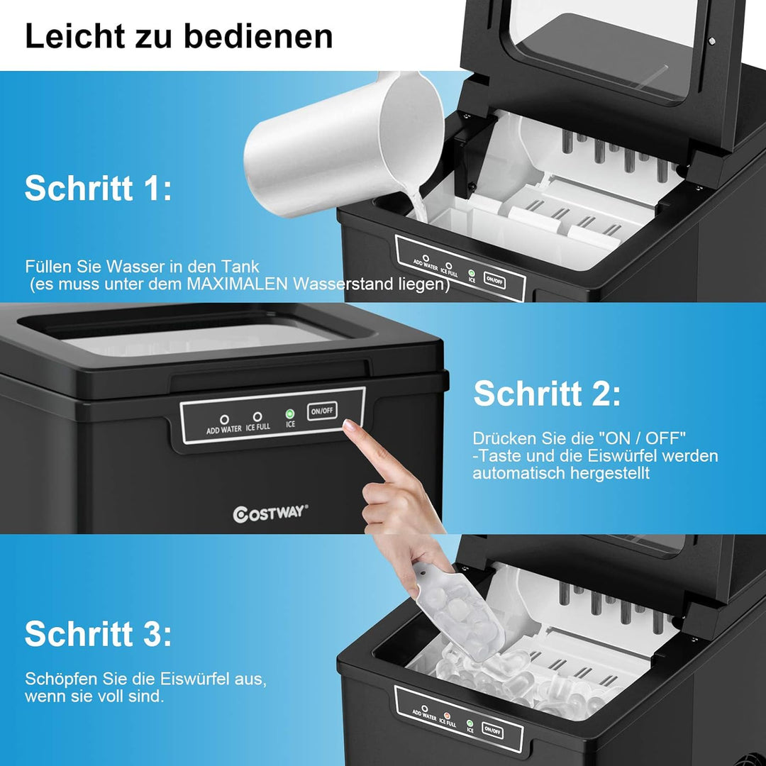 COSTWAY 1,85L Eiswürfelmaschine 12kg/24H, Ice Maker 9 Eiswürfel in 8 min, Eismaschine Eiswürfelberei