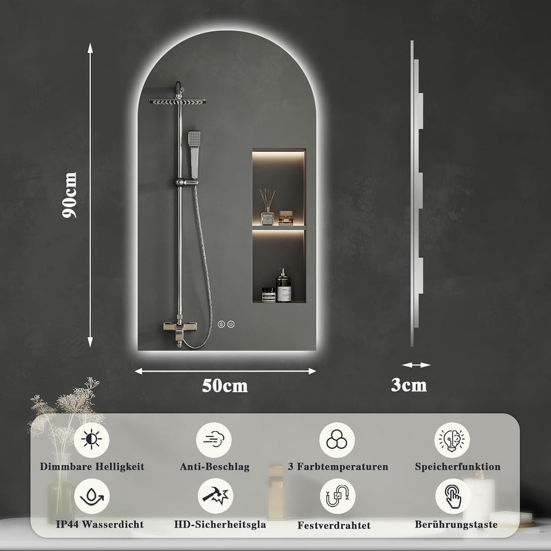 Badezimmerspiegel mit LED Beleuchtung, Beschlagfrei, Touch-Schalter, Dimmbar, 3 Lichtfarben, Wandspi