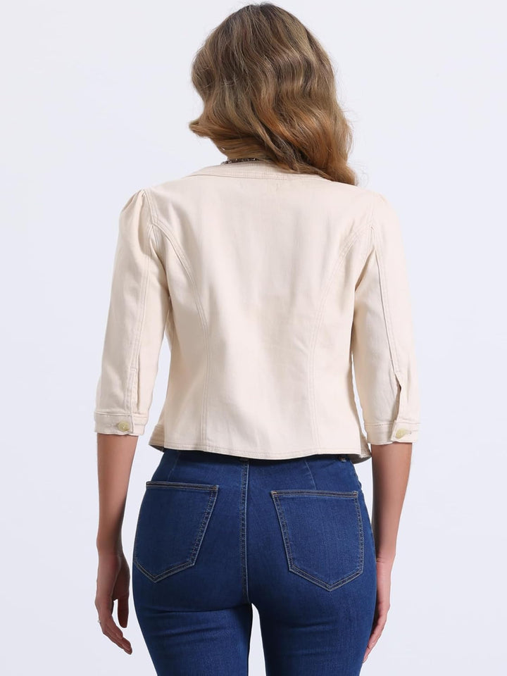 Allegra K Damen Jeansjacke 3/4 Ärmel Open Front Kragenlos Jacke mit Taschen XS Creme, XS Creme