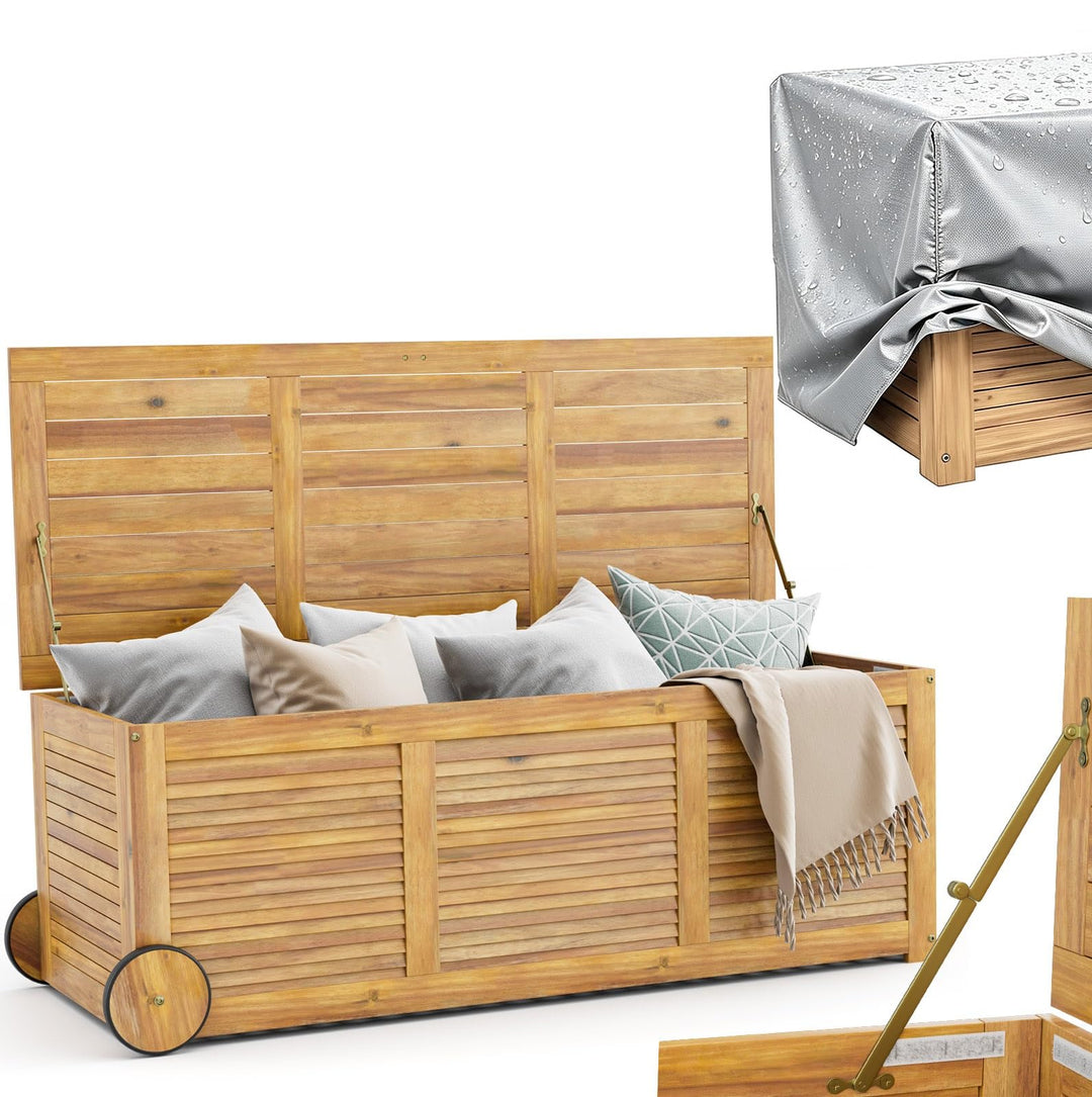 GIANTEX Auflagenbox Kissenbox Akazien Holz 182L, Gartenbox Aufbewahrungsbox mit Rollen, Kissentruhe