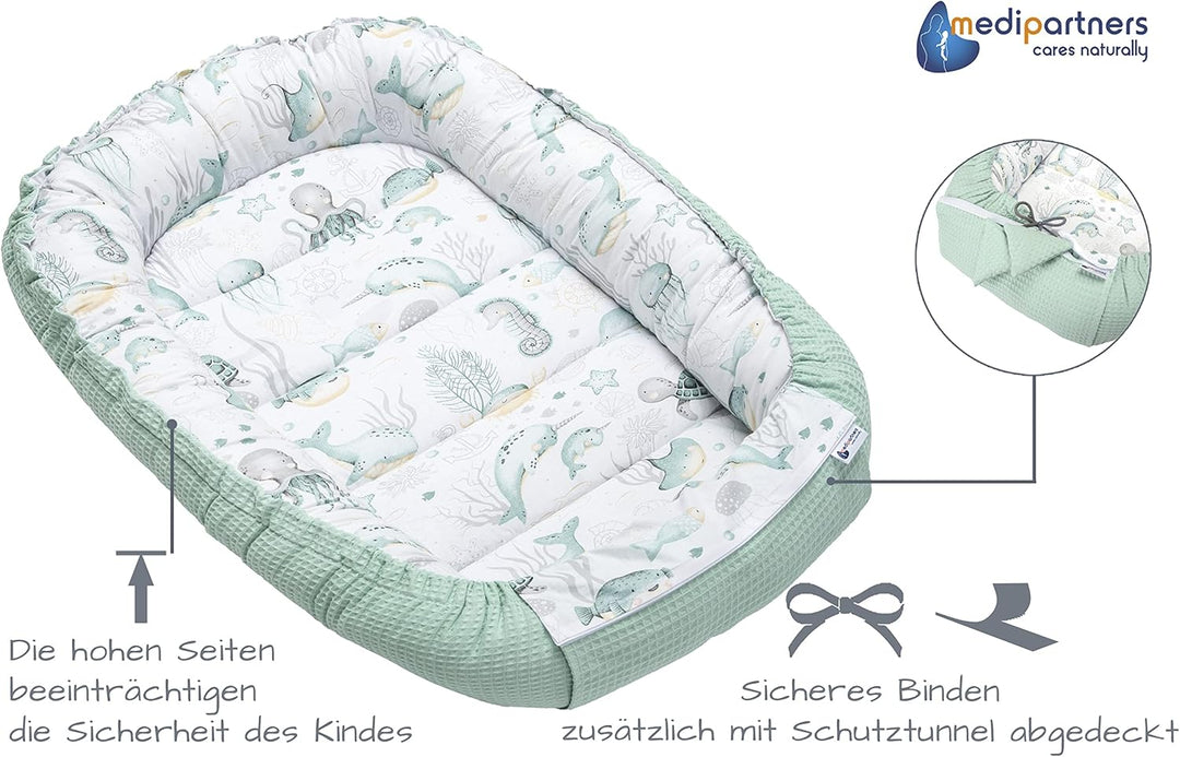 Medi Partners Babynest Kuschelnest Babynestchen 100% Baumwolle Waffle Nestchen Reisebett für Babys S