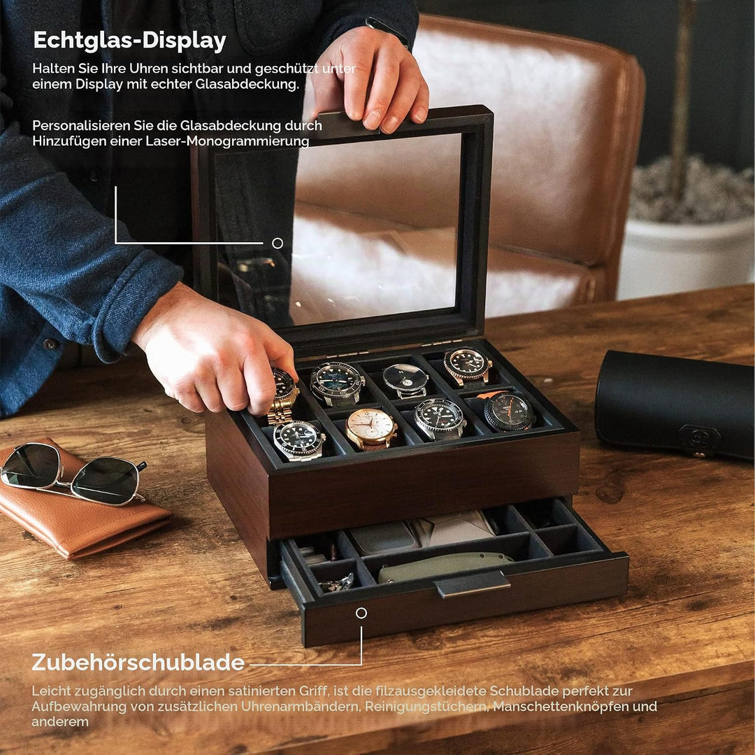 CASE ELEGANCE Uhrenbox mit 8 Fächern für Herren, Kirschholz-Walnuss-Finish, Uhrenvitrine, modulares