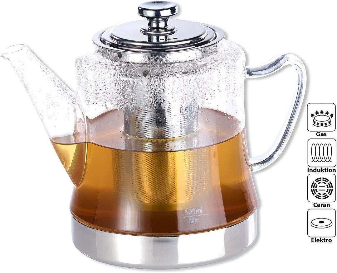 Rosenstein & Söhne Teekocher: 2in1-Glas-Teebereiter & Teekanne für alle Herde, auch Induktion, 1,5 l