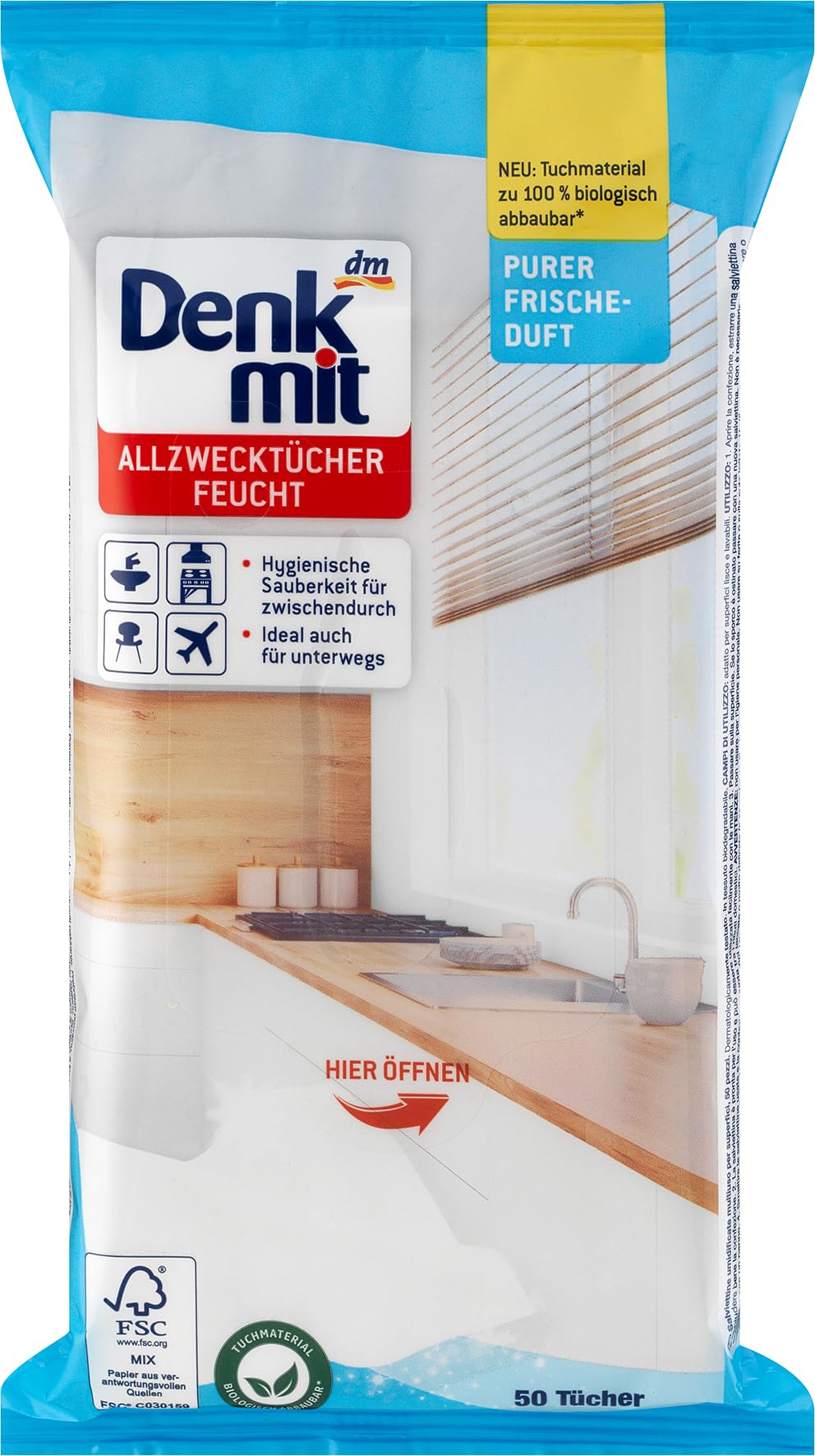 DENK MIT Feuchttücher Feuchte Allzwecktücher Pure Frische, 50 St (10 Packungen)