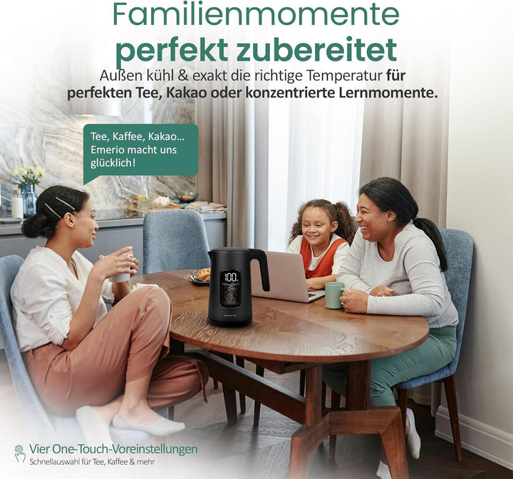EMERIO Wasserkocher Edelstahl 1.7L | isolierte Doppelwand | Temperaturwahl 40-100°C in 5°C Schritten