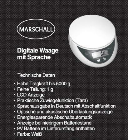 Deutsch sprechende digitale Küchenwaage I 1302S I Waage mit grossem LCD Display I Tragkraft bis 5000