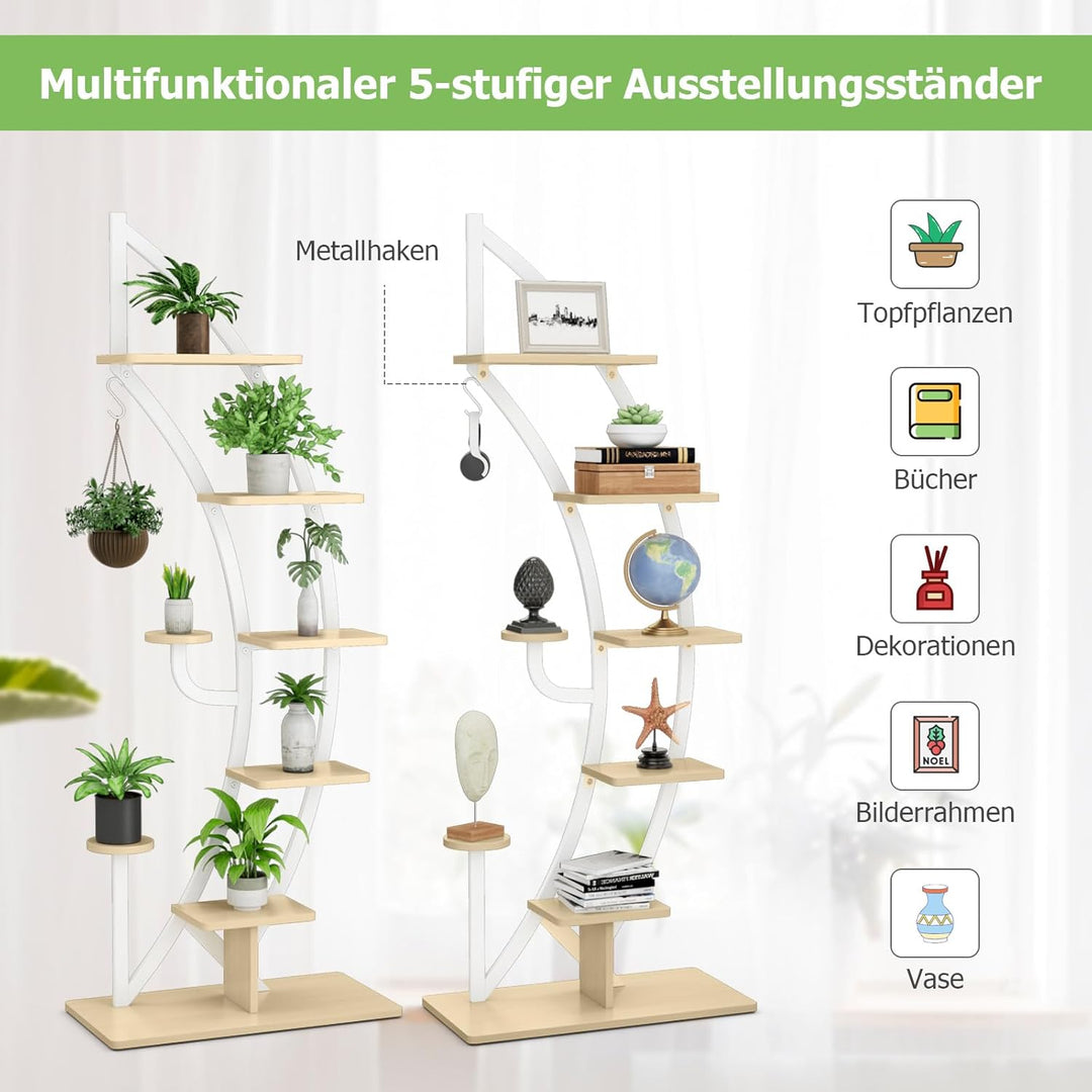 GOPLUS 6-stöckiger Blumenständer Metall, halbmondförmiger Pflanzenständer mit Ablagen & Haken, Pflan