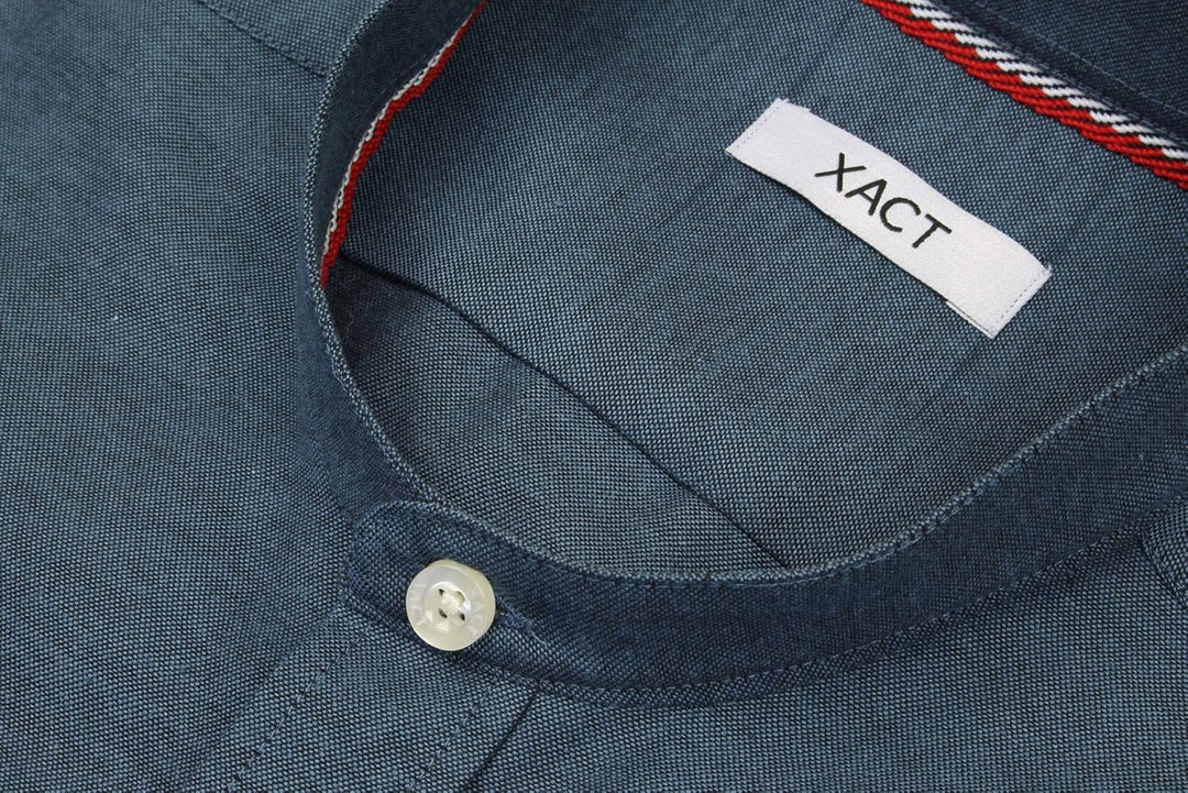 Xact Herren Oxford Grandad-Mandarinkragen Kurzarmhemd M Denim Blue, M Denim Blue