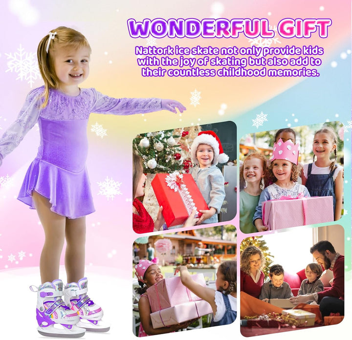 Nattork Mädchen Schlittschuhe für Kinder 4 Grössen verstellbar Regenbogen Schlittschuh mit Fleecefut