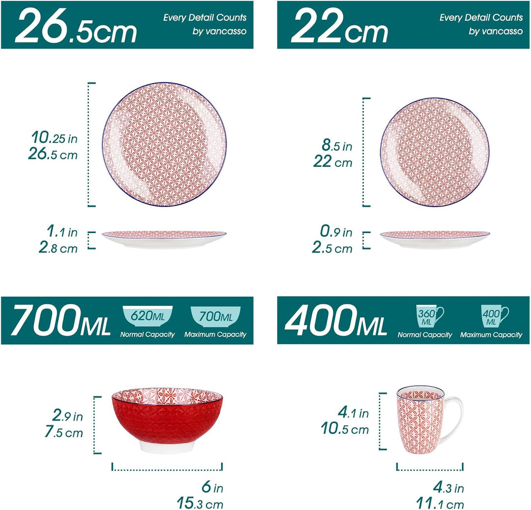 vancasso Steingut-Geschirrset für 1 Person, 4-teilig, rot, Serie MACARON – Spülmaschinenfest, Speise