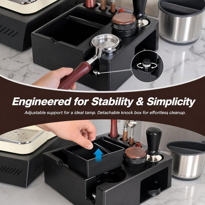 Espresso Tamperstation 51-54-58mm Tamperstation mit Abklopfbehälter 8-in-1 Coffee Tamping Station Sc