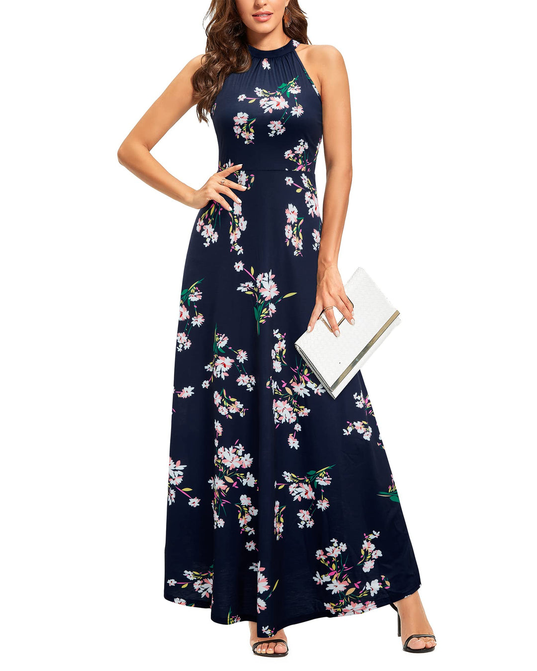 STYLEWORD Damen Neckholder Elegant Sommerkleid Ärmellos Blumenkleid Maxikleid Lange Strandkleid L Fl
