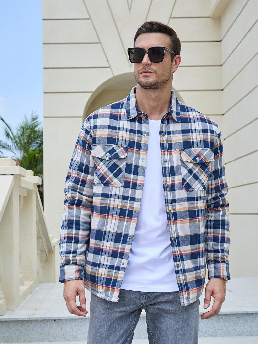 TACVASEN Herren Karierte Hemdjacke Flanellhemd Holzfällerhemd Thermohemd Jacke L Gelb, L Gelb