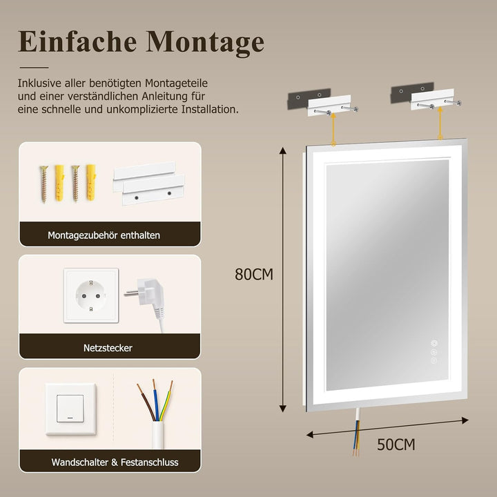 XRAMFY Badspiegel mit Beleuchtung LED 80×50CM, 3 Farbtemperaturen &amp; stufenloses Dimmen, Anti-Beschla