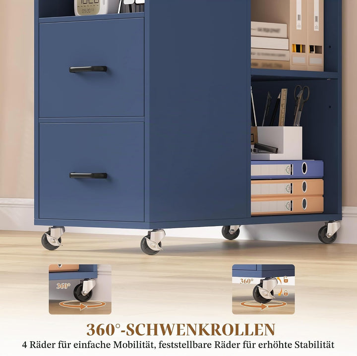 HOCSOK Rollcontainer Schreibtisch mit Verstellbarer Einlegeboden, Blau, Blau