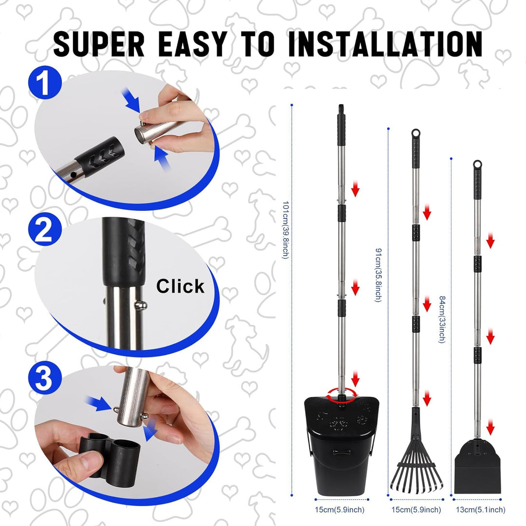 3 Pack Hundekotschaufel, 100CM Länge Griff Pooper Scooper Dreheimer, Rechen und Spaten mit 20 Abfall