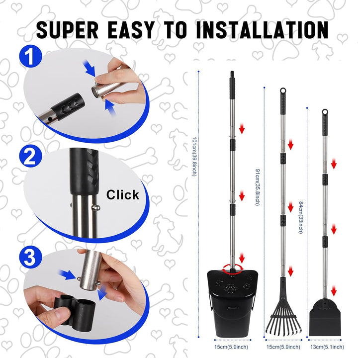 3 Pack Hundekotschaufel, 100CM Länge Griff Pooper Scooper Dreheimer, Rechen und Spaten mit 20 Abfall