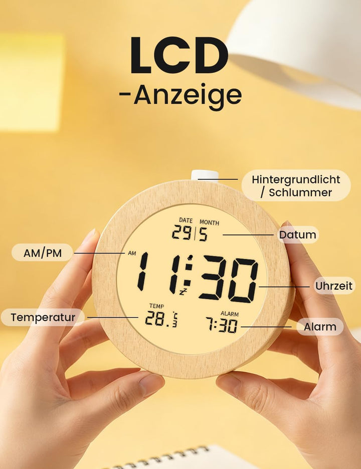 aboveClock Wecker Digital, Batteriebetriebene Uhr Tischuhr, LCD Alarm Clock Wecker Holz mit Temperat