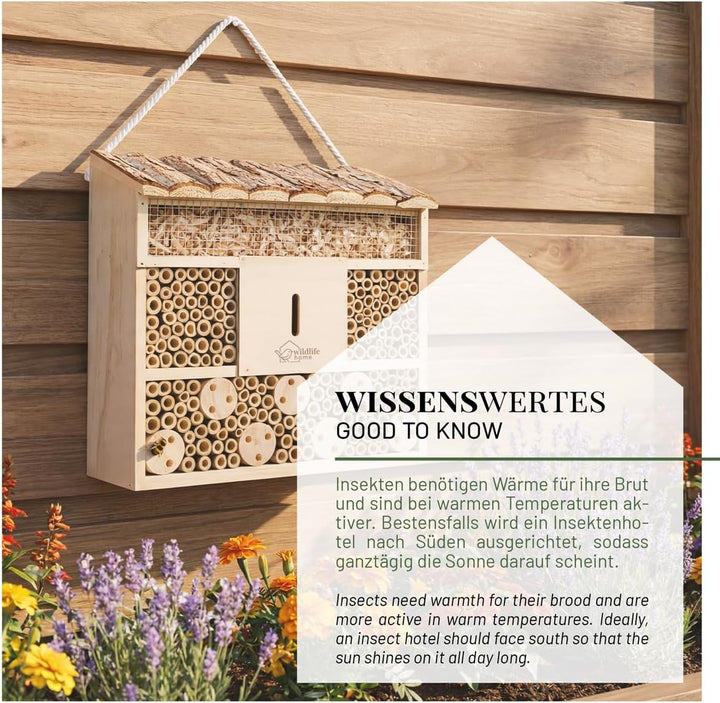 WILDLIFE HOME Bienenhotel Insektenhotel mit Rindendach I Unbehandelt, Bienenhaus aus Massiv-Holz für