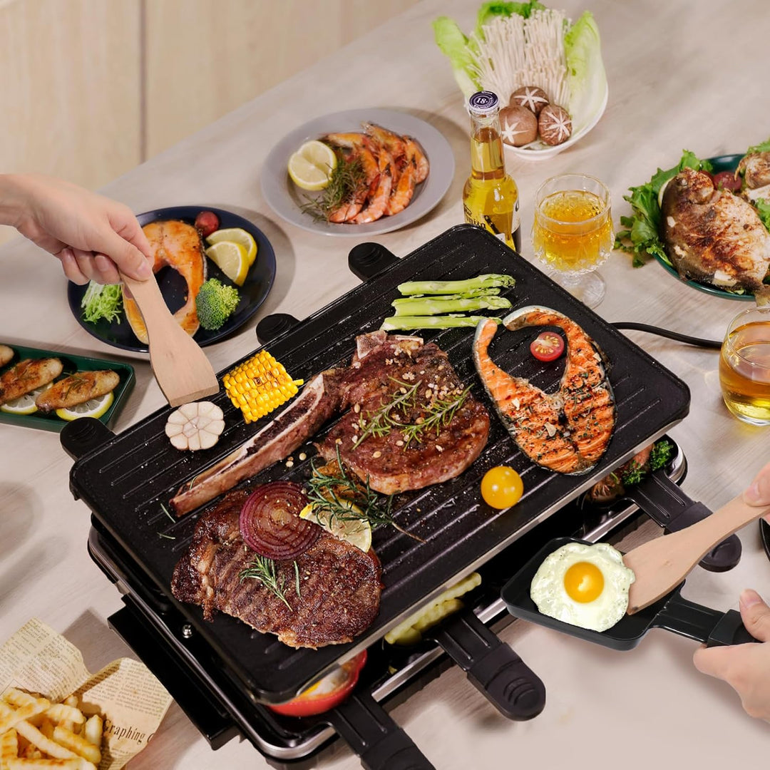 2-in-1 Raclette Grill 8 Personen Elektrisch Tischgrill Antihaftbeschichtet Wende-Grillplatte Elektro