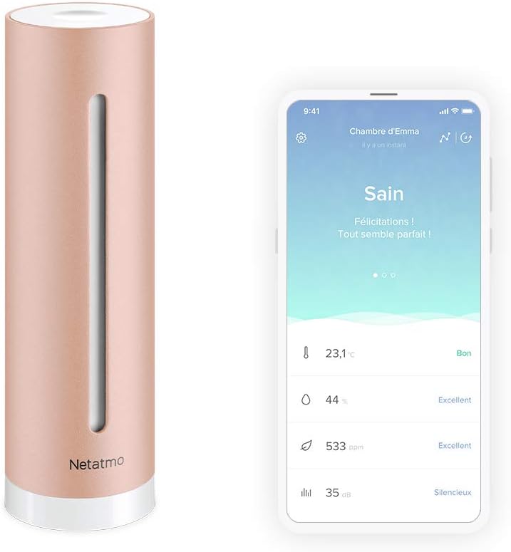 Netatmo Luftqualität Messgerät, Feuchtigkeit, Temperatur, Lärm und CO2 Sensoren, ‎Rose Gold, NHC-DE