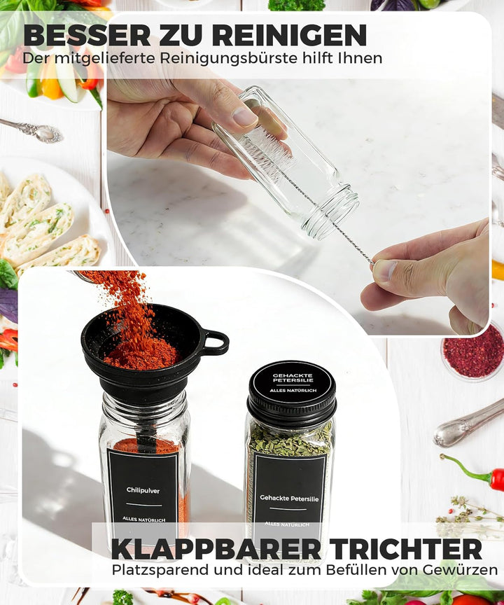 Gewürzgläser Set Eckig 24x120ml – Luftdichte Gewürzdosen Glas mit Streuaufsätzen & Etiketten – Schwa