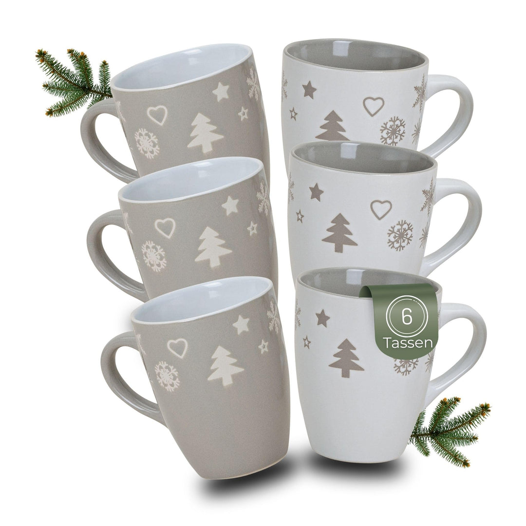 Schönes Weihnachtstassen 6er Set - Grosse 300 ml Weihnachtsmotiv Kaffee-Tassen in grau, weiss Weihna