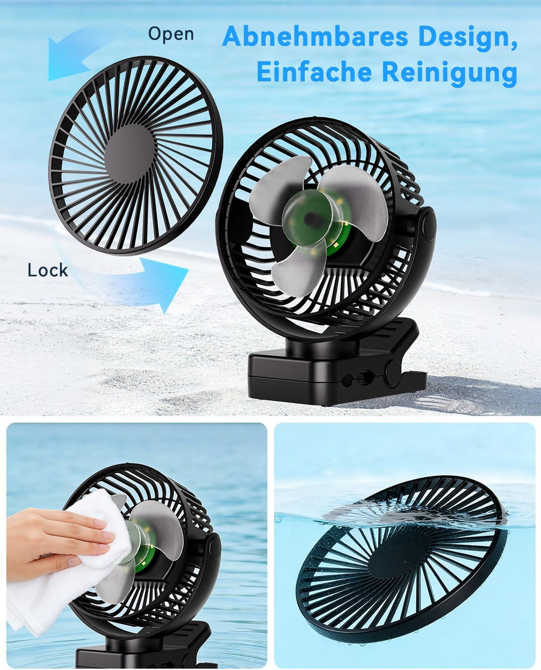 USB Tischventilator Leise mit 12000mAh Akku, Clip Camping Ventilator mit Fernbedienung, Mini Akku Ve