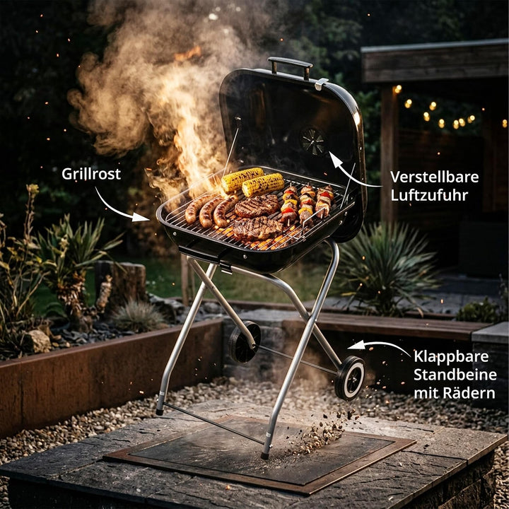 Relaxdays mobiler Holzkohlegrill mit Deckel &amp; Rollen, faltbarer Campinggrill, Balkon, Garten &amp; Park,