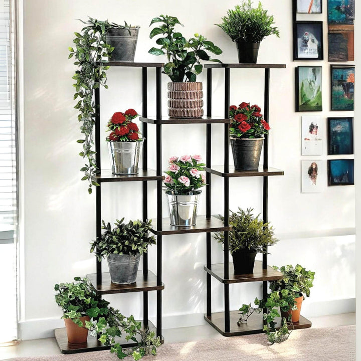 DanDiBo Blumenregal Indoor Metall Schwarz 6 Etagen Holz 96584 Blumentreppe 100 cm Pflanzenständer Mo