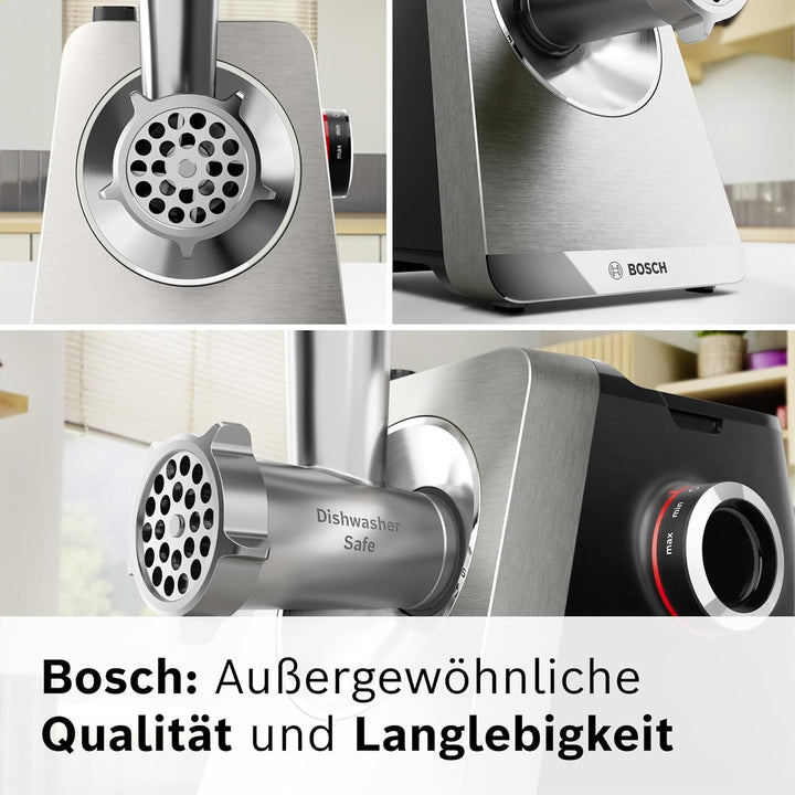 Bosch Fleischwolf Serie 8, 3 Lochscheiben (3/4,5 / 8mm), Edelstahl, spülmaschinenfest, Kebbe- & Wurs