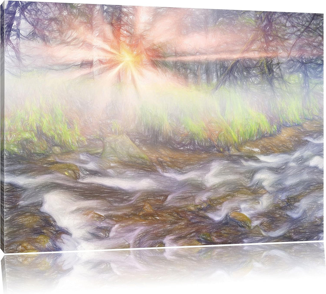 Pixxprint Nebeldickicht im Wald Kunst Buntstift Effekt, Format: 100x70 auf Leinwand, XXL riesige Bil