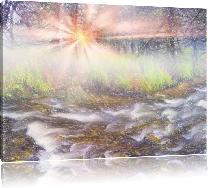 Pixxprint Nebeldickicht im Wald Kunst Buntstift Effekt, Format: 100x70 auf Leinwand, XXL riesige Bil