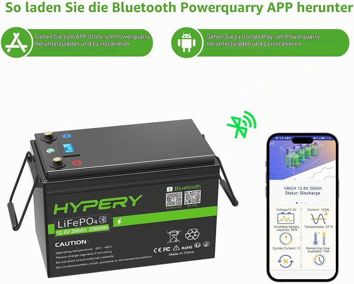 HYPERY LiFePO4 Akku, Smart 12V 200AH Lithium Batterie mit Bluetooth zur Überwachung der Batterie SOC
