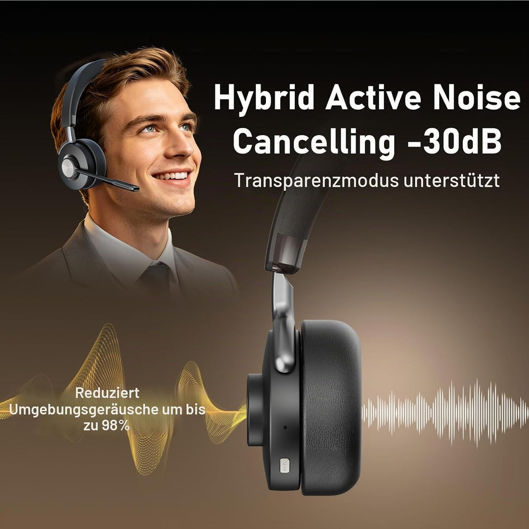 Headset mit Mikrophone Bluetooth, Hybrid Active Noise Cancelling Kabelloses Headset für PC Laptop, 3