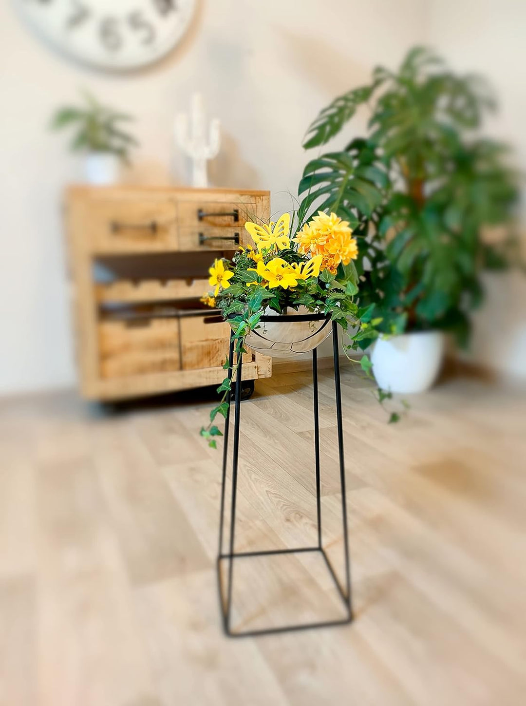 DARO DEKO Metall Blumentopf mit Ständer schwarz Silber 27 x 55cm Blumen-Töpfe Pflanztopf hoch Schale