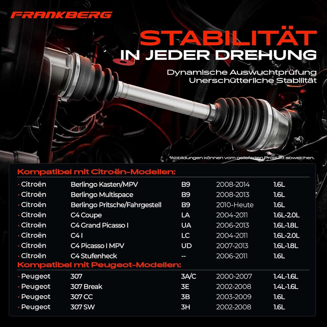 Frankberg Antriebswelle Vorderachse Links Kompatibel mit Berlingo B9 1.6L 2008-2013 C4 Coupe LA LC U