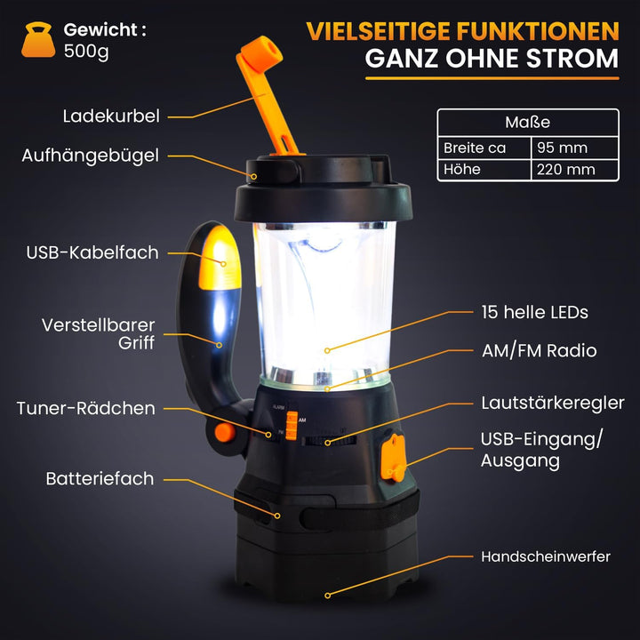 SELBST-SICHER 4in1 LED Laterne mit Batterie | Notfallradio | Powerbank | Handyladegerät | SOS-Sirene
