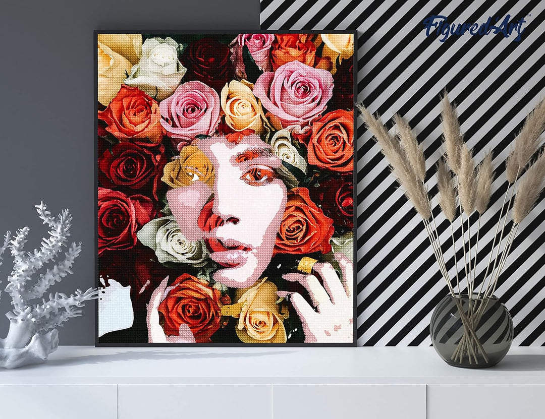 Figured'Art Diamond Painting Erwachsene 40x50cm Mit Rahmen Ganze Leinwand gespannt Rosengesicht 5D B