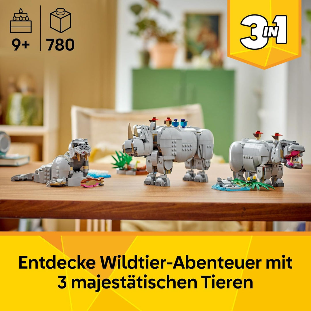 LEGO Creator 3in1 Wilde Tiere: Prächtiges Nashorn mit Vögeln - Kinder Spielzeug mit Tierfigur - Figu