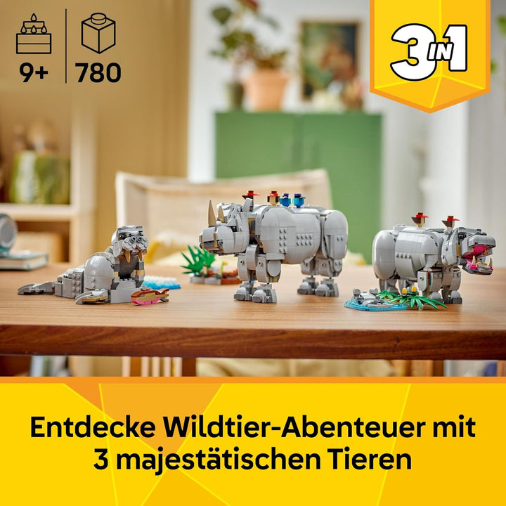 LEGO Creator 3in1 Wilde Tiere: Prächtiges Nashorn mit Vögeln - Kinder Spielzeug mit Tierfigur - Figu