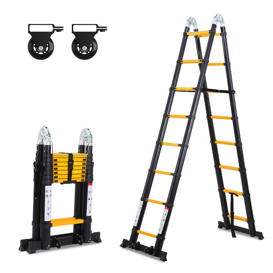 Herrselsam 5m(2.5m+2.5m) Teleskopleiter Klappleiter Aluminium, Mehrzweckleiter mit Tragegriff, Rutsc