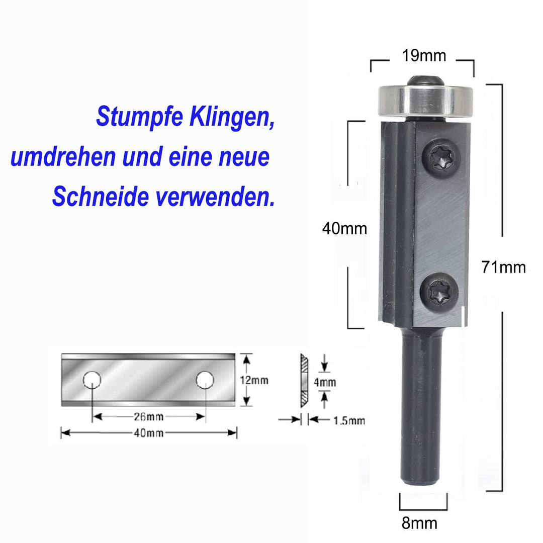 Sinoprotools Wendeplatten Bündigfräser,8mm Schaft Bündiger Fräser Schnittlänge 40mm,mit Austauschbar